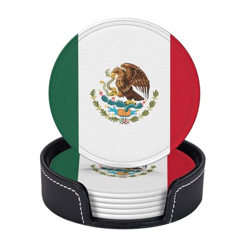 Lot de 6 sous-verres ronds en cuir synthétique avec support, motif drapeau du Mexique