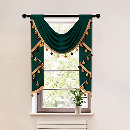 Elkca Dark Green Velvet Waterfall Valance For Living Room Single Hollow Swag Curtains Valance With Gold Colorful Pom Pom Tassel,Rod Pocket,1 Panel #TOP8