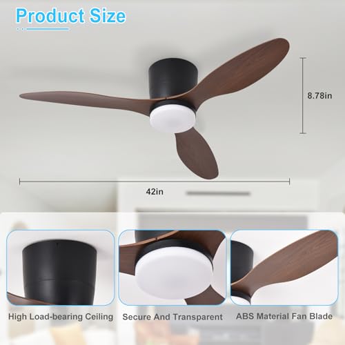 Image of Depuley Flush Mount Ceiling Fan: 42-Inch Black Ceiling Fans with Lights for Bedroom Indoor Outdoor - Low Profile Ceiling Fans with Remote Control 24W 3CCT Dimmable 3 Reversible Walnut Blades 6 Speeds