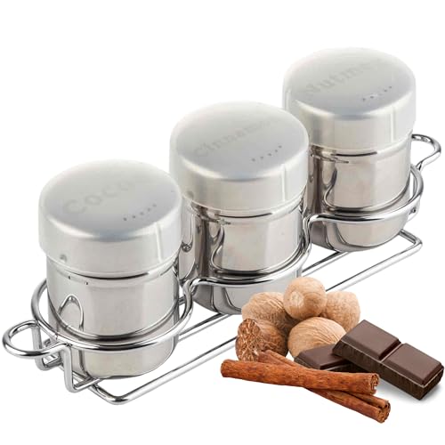 TableCraft 11054 Coffee Dredge Shaker Set, 6 oz, 3-Piece with Rack, Stainless Steel with Cinnamon, Cocoa, and Nutmeg Labels, Includes Storage Caps, For Café, Foodservice, and Home Use