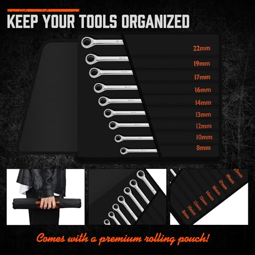 Image of HORUSDY 9-Piece Extra Long Ratcheting Wrench Set, Double Box End Wrench Set with Tool Bag & Box, Metric 8-22mm, CR-V Steel