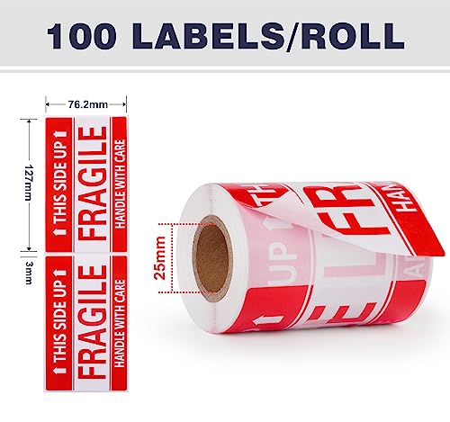 Image of 3x5 Inch Handle with Care This Side Up 100 Permanent Adhesive Fragile Stickers for Shipping Moving Glass Labels (1 Roll, 100 Labels)