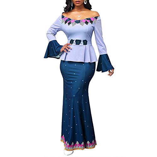 discountstore145 Dresses for Lady Elegant Off Shoulder Long Flared Sleeve Fish Tail Hem Bodycon Maxi Dress Blue XXXXXL