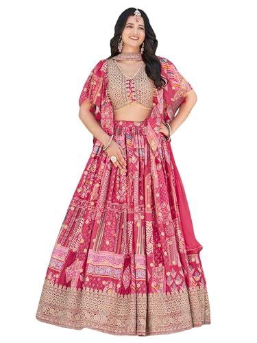 Designer Pink Floral Lehenga Choli Set, Traditional Indian Wedding Dress with Embroidered Border, Printed Ethnic Bridal Wear