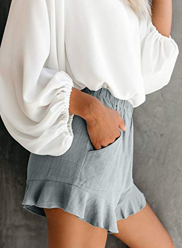 Huusa Women's Petite Casual Comfy Fashion Elastic Waist Holiday Summer Beach Shorts Ruffle With Pockets Gray Blue S #TOP1