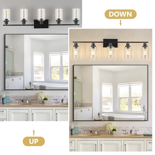 Image of Jonsi Black 5-Light Bathroom Vanity Light with Glass Shade, Modern Black Bathroom Lights Over Mirror, W 40.2 x H 10.7 inches