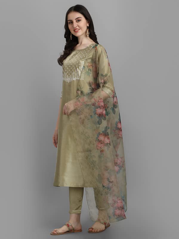 Image of VredeVogel Women's Silk Blend Embroidered Straight Kurta Pant Set with Organza Dupatta