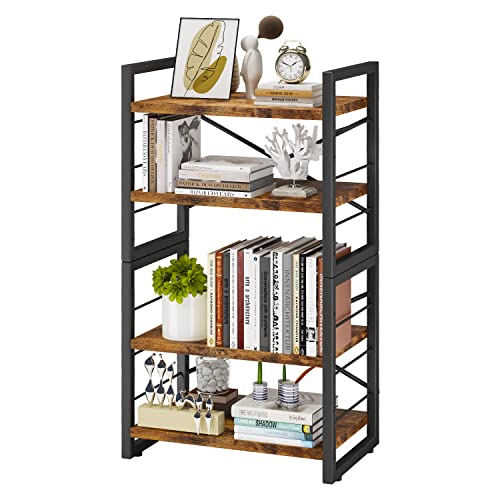 Homeiju Bookshelf, 4 Tier Stackable Bookcase, Adjustable Industrial Book Shelf Storage Organizer For Desktop, Living Room, Bedroom, Office(Rustic Black And Brown) #TOP14