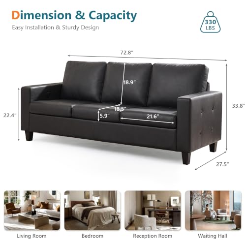 Image of STHOUYN 73 inch Black Faux Leather Couch, Comfy 3 Seater Sofa