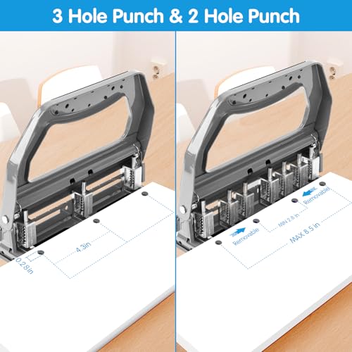 Image of AFMAT 3 Hole Punch Heavy Duty, 9 /32 inch Holes, 50-Sheet Hole Puncher 3 Ring, 50% Reduced Effort, Adjustable Two & Three Hole Punch, Metal Paper Puncher w /Large Chip Tray, Metal Paper Guide, Gray, HP18