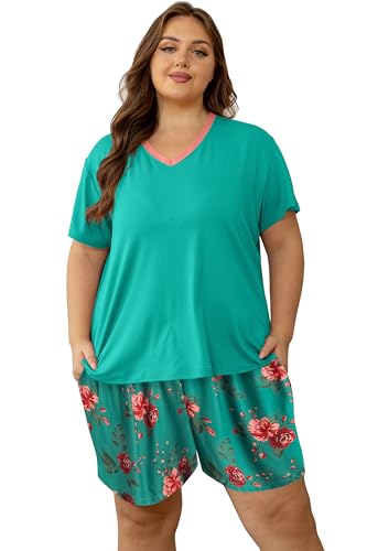 Image of Vozanet Women's Short Sleeve Top and Shorts Pajama Sets Plus Size V Neck Colorful Flower Nighty Loungewear With TWO Pockets