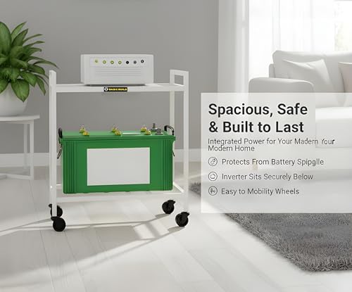 Image of Heavy-Duty 2-Tier UPS & Inverter Stand - Metal Battery Trolley with Dual Shelf Storage, 360 Smooth Caster Wheels, Strong Load Capacity 100Kg+ for Home & Office (White)
