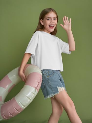 Image of Girls Athletic Oversized Crop Tops Kids Drop Shoulder Short Sleeve T Shirts Workout Tees 5-14 Years