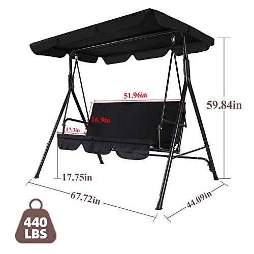 Coveronics 3-Person Porch Swing Chair, Adjustable Canopy Outdoor Swing With Steel Frame, 440 Lbs Patio Swing For Yard, Lawn, Garden, Pool, Indoor (Black) #TOP2