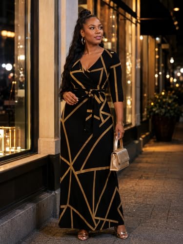 Image of PinkPatty Plus Size Maxi Dresses for Women Casual Flowy Long Dress 3 /4 Sleeve V Neck Wrap Dress with Belt
