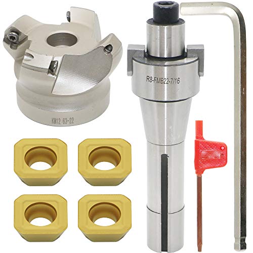 2.5 Inch Face Milling Cutter Holder KM12 63MM CNC end Milling Cutter + R8-FMB22 Shank Face Shell Mill Arbor + 4pcs SEHT1204 Carbide Inserts + 8mm Hexagon Wrench + T20 Wrench CNC Machine Tools
