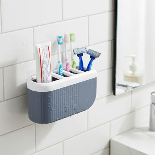 Image of HAPPI Self-Adhesive Wall-Mount Toothbrush Holder for Bathroom, Toothpaste Stand Storage Organizer Box (4-Compartments)