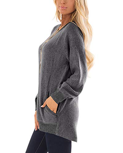 GADEWAKE Womens Casual Color Block Long Sleeve Round Neck Pocket T Shirts Blouses Sweatshirts Tops Dark Grey