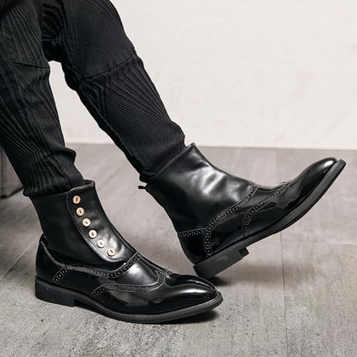 Mens Patent Leather High-Top Pull On Brogue Ankle Boots Pointed Toe Chunky Heels Non-Slip Casual Shoes for Business Casual Dress Prom Party4