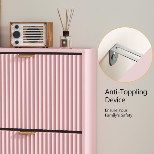 Image of HUANLEGO Shoe Cabinet Storage for Entryway with 3 Flip Drawer, Pink | Fluted Shoe Cabinet with Adjustable Shelves, Hidden Shoe Rack for Entryway, Freestanding Narrow Shoe Organizer for Hallway