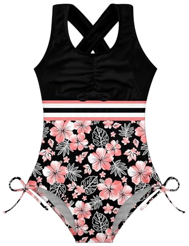 Image of BFUSTYLE Girls One Piece Swimsuit Cute Striped Bathing Suit Hawaii Swimwear 6-17 Years