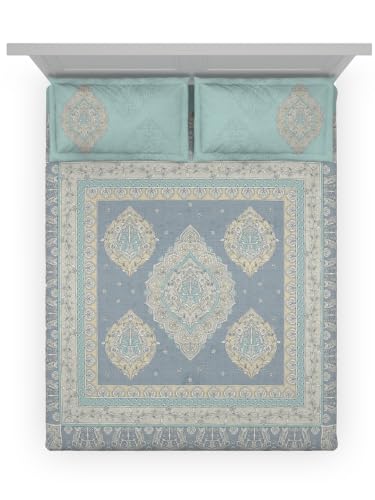 Image of DDECOR Live Beautiful 100% Pure Combed Cotton King Flat Bedsheet with 2 Pillow Covers | Ethnic 145TC | Soft, Comfortable & Perfect for Everyday Use | Souvenir Collection | 254 CM X 274 CM - Blue