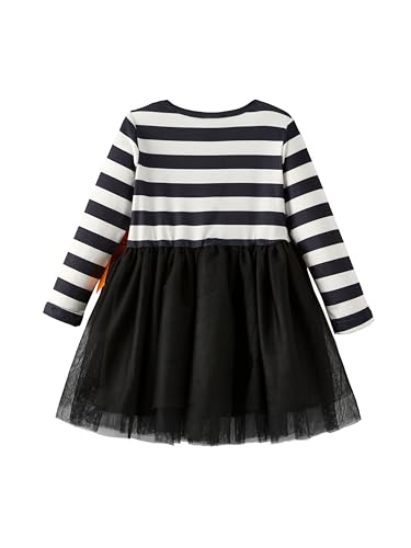 Halloween - Themed Black & White Striped Long - Sleeve Girls' Dress with Ghost Print & Orange Bow2