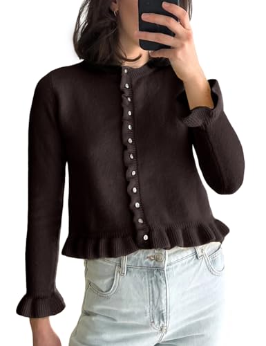 Wyeysyt Womens Cropped Cardigan Sweaters Ruffle Hem Crewneck Button Down Knit Fall Sweater Long Sleeve Soft Cardigan Tops(Brown-S)