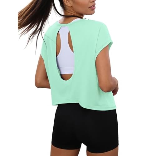 Totatuit Womens Open Back Workout Tops Oversized Crop Gym Shirts Loose Fit Short Sleeve Athletic Tee for Running Yoga Mint Green Medium