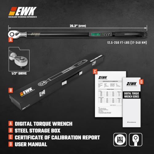 Image of EWK 1 /2 inch Drive Digital Torque Wrench 12.5-250 ft-lbs (17-340 Nm), High-Precision and Easy-to-Read, ±1.5% Accuracy for Car, Truck, Motorcycle & DIY Repairs | ISO 6789, ±1.5% clockwise / ±2.5% counterclockwise, LCD Display, LED Buzzer Vibration Alert, 30 Memory Values
