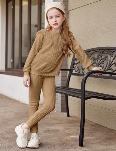 Image of Arshiner Toddler Girl 2Pcs Ribbed Knit Clothes Ruffle Trim Long-sleeve Pullover Sweatshirt and Leggings Fall Outfits 1-6T