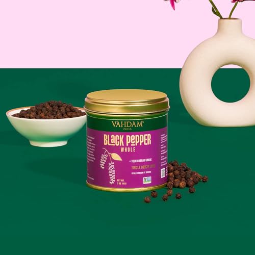 Image of VAHDAM, Black Pepper Whole (2.8oz /85g) Gluten Free & 100% Raw Black Pepper Whole /Peppercorns from India | Perfect for Cooking, Smoothies, Lattes & Tea | Direct from Source