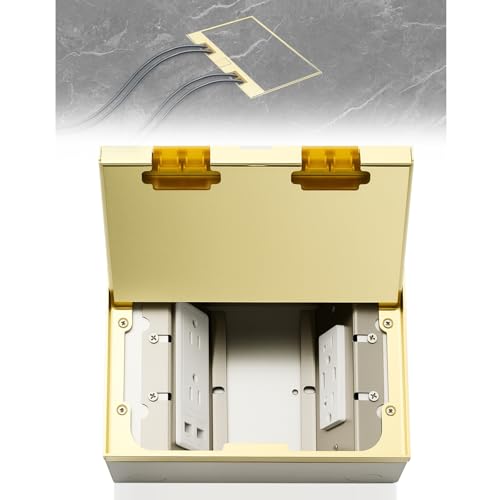 Image of Brass Recessed Floor Outlet Box, UL Listed Low Profile Waterproof Flip-up Floor Outlet with 4 AC Outlets, USB-a & USB-c Charging Ports, Dual Rj45 Ethernet Ports for Office Conference Room