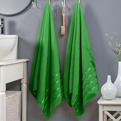 Image of Elegant Comfort 100% Turkish Cotton 4 Lines Viscose Stripe Luxury 2 Pack Bath Towel Set 27 x 54 Inch - Super Soft and Highly Absorbent Premium Hotel Spa Quality Towels for Bathroom Use, Emerald Green