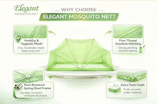 Image of Elegant Premium Cotton Mosquito Net for Mid Size Bed (Divaan)(4x6 Feet Green) | Foldable Machhardani with High-Density Mesh & Washable