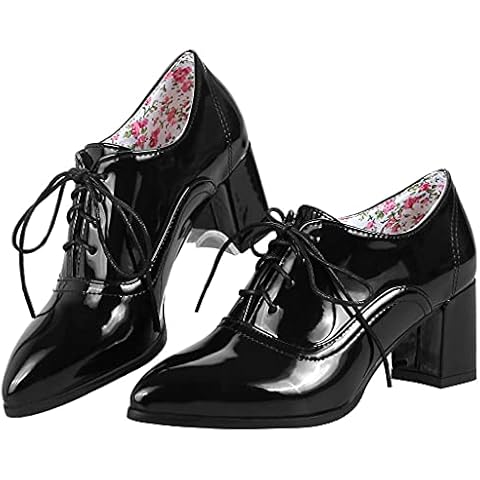 KISSASA Womens Pointed Toe Brogue Heels Lace Up Chunky Heeled Oxford Shoes Size 5UK,Black Cover