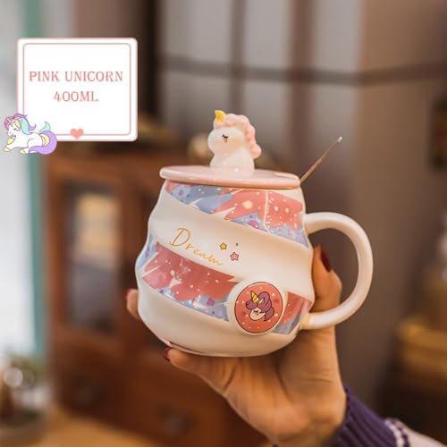Image of Spooky Unicorn Ceramic Mug with Lid and Spoon - 400ml Cartoon Coffee Cup for Kids, Girls & Women - Gift for Birthday, Office, Christmas, Valentine's Day - Ins-Style Animal Tea Mug (Pink)