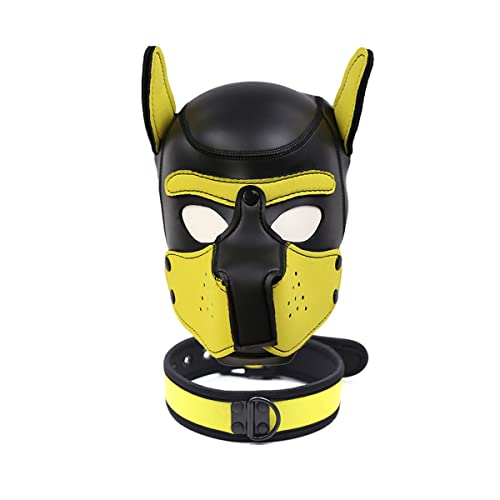 YiQin RWSX Hundemaske mit Kragen, Weiche Latex Petplay Hundemaske mit Ohren Welpenmaske Hunde Masken, Abnehmbarer Mund, Geeignet für Halloween, Urlaubsparty (XL, Gelb)