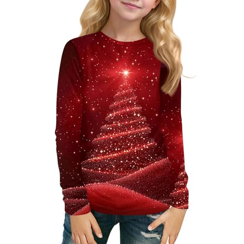 Girls Long Sleeve Shirts Children's Christmas Tree Printed Tees Kids Crewneck Basic T-Shirts ComfortSoft Tops
