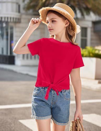 Image of Arshiner Girls Short Sleeve Shirts Tie Knot Front Tops T Shirts for Kids Crewneck Cute Casual Tie Dye Tee Blouse