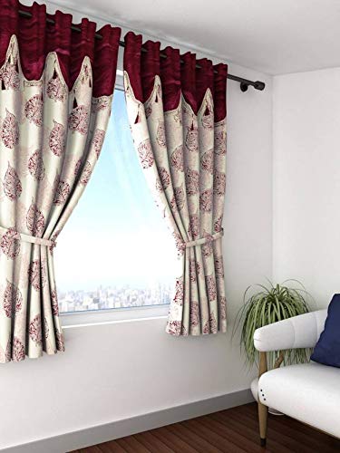 Image of Cortina Polyester Ready to Use Premium Leaf Design Eyelet Curtains - 5Ft Set of 1 - Doors & Windows - Washable - for Bedroom Living Room Kids Room Hall Kitchen Office - Sheer Curtains - Maroon 2