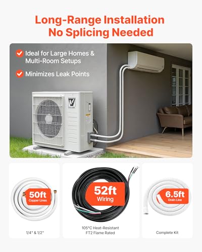 Image of VEVOR 50ft Mini Split Line Set, 1 /4 inch & 1 /2 inch OD AC Copper Tubing Pipe, 3 /8 White PE Thickened Insulated Coil with Flared Nuts, Rich Fittings, for Mini Split Air Conditioner HVAC or Heat Pump System