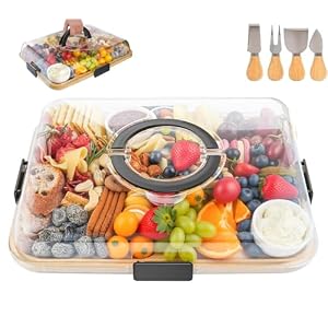 ERNAN Käsebrett mit Deckel für Partys Reisen, Servierplatte mit Fächern Griff für Snacks Fleisch Dessert, Käsebrett aus mit Messer Set, Charcuterie Board Platte Käseplatte (6 Compartments C)
