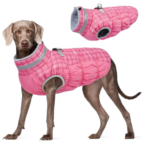 Image of FUAMEY Dog Winter Coat Fleece Warm Large Dog Coat with Harness Built in | Dogs Cold Weather Fleece Coats Zip up Reflective Dog Winter Vest Windproof Water Resistant Snow Coats Rose Plaid XXL