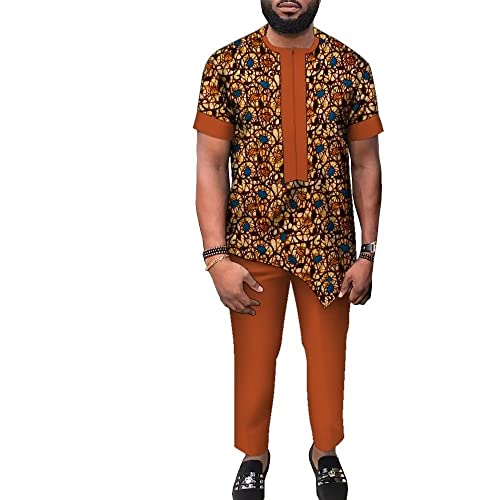 Ankara Fashion African Mens Clothing Sets 2 Piece Print Shirt Short Sleeve and Pants Casual African Outfits for Men Wedding