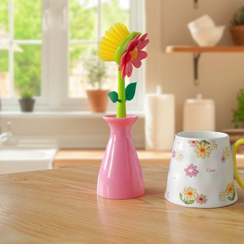 Image of Long Handle Flower Pot Brush, Florganic Dish Brush with Vase, Long Handle Dish Brushs Kitchen, for Cleaning Pot Pan Sink Kitchen Supplies Decorative Vase (2Pcs Pink)
