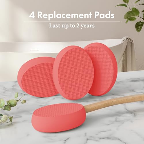 Image of AmazerBath Lotion Applicator for Back, Feet, 4 Replacement Pads with 17 inch Curved Handle, Back Sunscreen Applicator for Kids, Elderly, Women, Apply Skin Cream Medicine Moisturizer Tanner, Rose Red