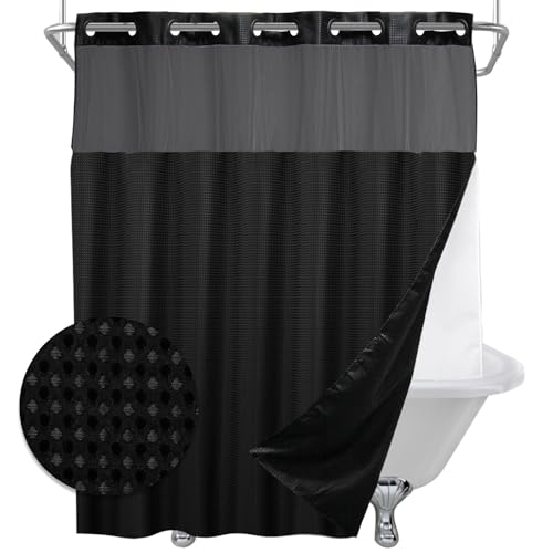 Final Friday Waffle Weave Black Shower Curtain with Snap in Liner Polyester Fabric Hotel and Spa Bathroom Decor Set Waterproof Detachable Washable No Hook 72 W x 74 H Inch