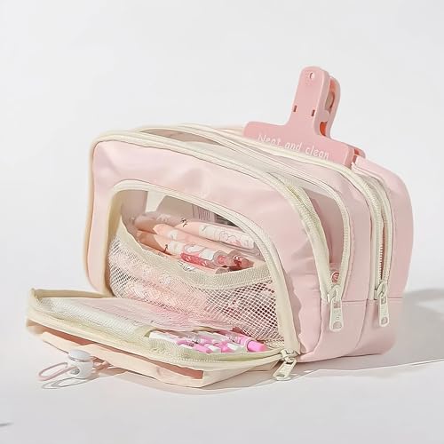 Image of FINPAC Pencil Case, 5-Layer Large Capacity Pen Case with Drawstring, Durable Stylish Bag Pouch Holder Box Organize for Study, Office, or Travel (Pink)