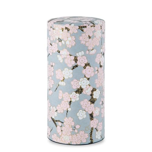 Recipiente de té japonés (papel Yuzen Washi, ciruela y sakura/gris), tamaño de 7.8 onzas, fabricado en Japón con tapa interior hermética a prueba de humedad, tarro de cocina para hojas sueltas, café,